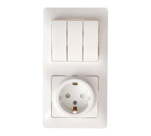 Блок: выключатель 3-клавишный и розетка Systeme Electric GLOSSA, скрытый монтаж, белый