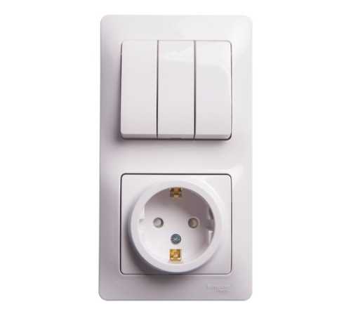 Блок: выключатель 3-клавишный и розетка Systeme Electric GLOSSA, скрытый монтаж, белый