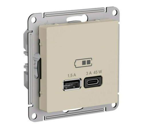 Розетка USB+USB type C Systeme Electric ATLASDESIGN, скрытый монтаж, песочный, ATN001229