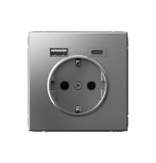 Розетка с USB+USB type C Systeme Electric ARTGALLERY, скрытый монтаж, с заземлением, со шторками, сталь, GAL000932