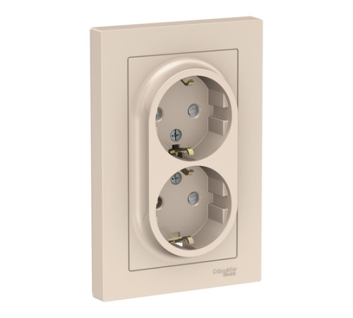Розетка двухместная с рамкой Systeme Electric ATLASDESIGN, скрытый монтаж, с заземлением, со шторками, винтовые клеммы, бежевый
