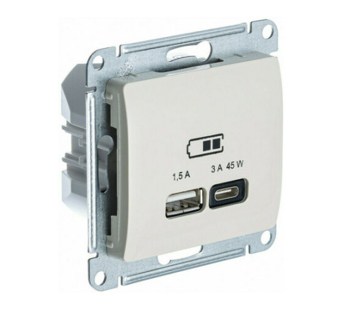 Розетка USB+USB type C Systeme Electric GLOSSA, скрытый монтаж, молочный, GSL000929