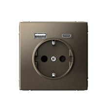 Розетка с USB+USB type C Systeme Electric ARTGALLERY, скрытый монтаж, с заземлением, со шторками, мокко, GAL000632