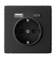 Розетка с USB+USB type C Systeme Electric ARTGALLERY, скрытый монтаж, с заземлением, со шторками, карбон, GAL001032