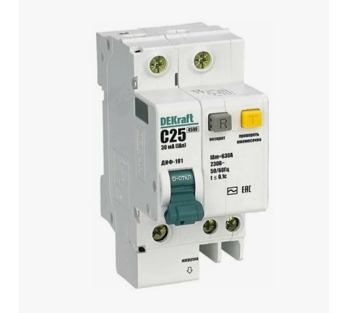 Дифавтомат DEKraft ДИФ-101 1P+N 25А (C) 4.5 кА, 30 мА ( AC ), 15159DEK