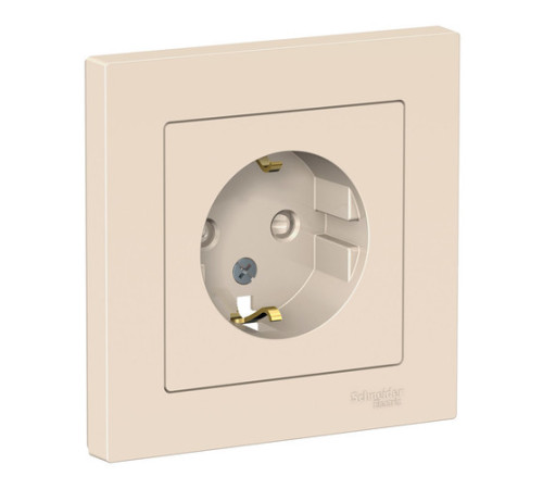 Розетка с рамкой Systeme Electric ATLASDESIGN, скрытый монтаж, с заземлением, со шторками, винтовые клеммы, бежевый