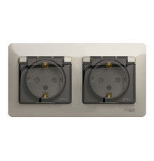 Розетка моноблок в две монтажные коробки Glossa, со шторками, с крышкой, с заземлением, двойная, винтовые клеммы, молочный