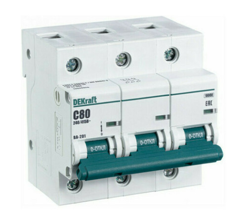 Автоматический выключатель DekRaft ВА-101, 3 полюса, 80А, С, 10 кА