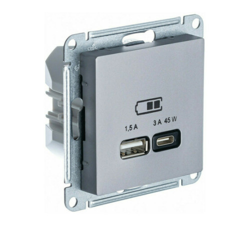Розетка USB+USB type C Systeme Electric ATLASDESIGN, скрытый монтаж, сталь, ATN000929