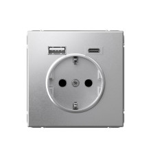 Розетка с USB+USB type C Systeme Electric ARTGALLERY, скрытый монтаж, с заземлением, со шторками, алюминий
