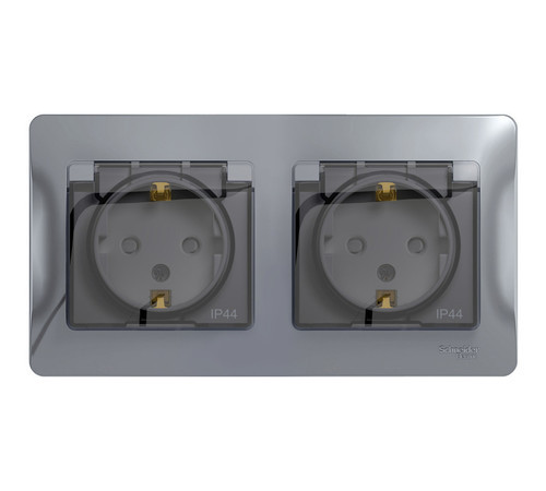 Розетка двухместная Systeme Electric GLOSSA, скрытый монтаж, с заземлением, с крышкой, со шторками, алюминий, GSL000347