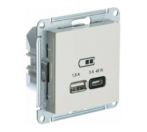 Розетка USB+USB type C Systeme Electric ATLASDESIGN, скрытый монтаж, бежевый, ATN000229