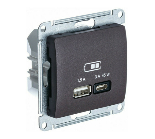 Розетка USB+USB type C Systeme Electric GLOSSA, скрытый монтаж, шоколад, GSL000829