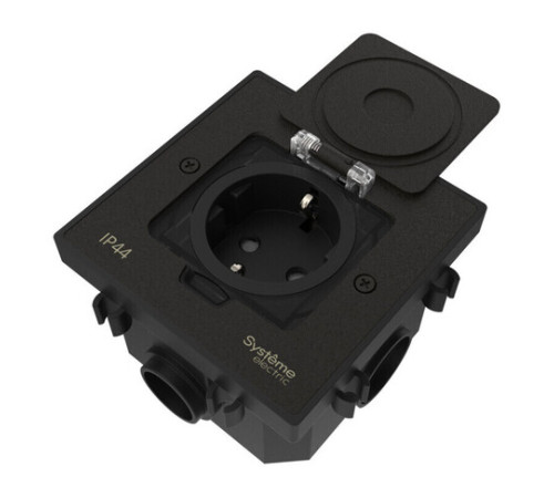 Systeme Elecrtic MultiDesk Чёрный матовый Лючок с розеткой 2К+З, 16А/250В, IP44 с монтажной коробкой для бетонных полов , тип MDK21