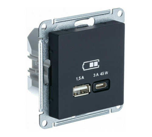 Розетка USB+USB type C Systeme Electric ATLASDESIGN, скрытый монтаж, карбон, ATN001029