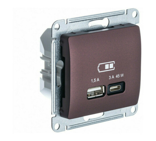 Розетка USB+USB type C Systeme Electric GLOSSA, скрытый монтаж, баклажановый, GSL001129