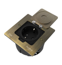 Systeme Elecrtic MultiDesk Античная латунь Лючок с розеткой 2К+З, 16А/250В, IP44 с монтажной коробкой для стены, фальшпола, стола, тип MDK21