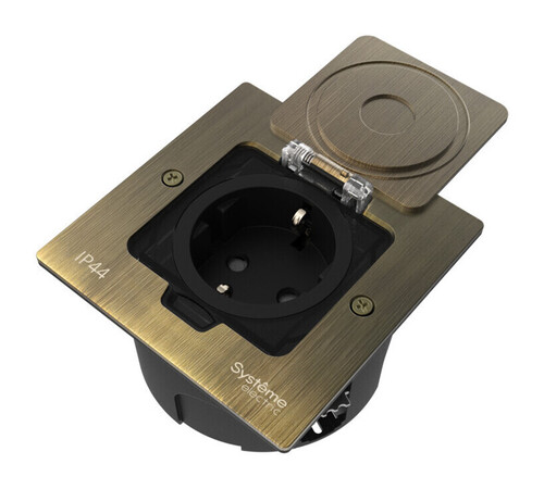 Systeme Elecrtic MultiDesk Античная латунь Лючок с розеткой 2К+З, 16А/250В, IP44 с монтажной коробкой для стены, фальшпола, стола, тип MDK21