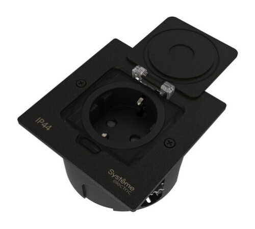 Systeme Elecrtic MultiDesk Чёрный матовый Лючок с розеткой 2К+З, 16А/250В, IP44 с монтажной коробкой для стены, фальшпола, стола , тип MDK21