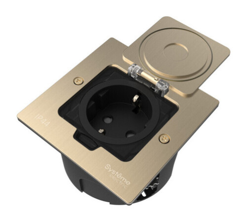Systeme Elecrtic MultiDesk Никель Лючок с розеткой 2К+З, 16А/250В, IP44 с монтажной коробкой для стены, фальшпола, стола, тип MDK21