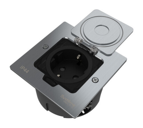 Systeme Elecrtic MultiDesk Серебро Лючок с розеткой 2К+З, 16А/250В, IP44 с монтажной коробкой для стены, фальшпола, стола, тип MDK21