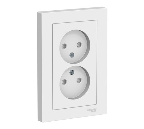 Розетка двухместная с рамкой Systeme Electric ATLASDESIGN, скрытый монтаж, без заземления, со шторками, винтовые клеммы, белый