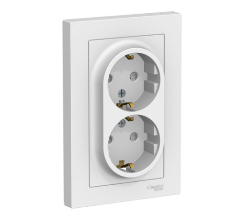 Розетка двухместная с рамкой Systeme Electric ATLASDESIGN, скрытый монтаж, с заземлением, со шторками, винтовые клеммы, белый