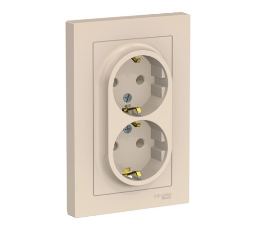 Розетка двухместная с рамкой Systeme Electric ATLASDESIGN, скрытый монтаж, с заземлением, винтовые клеммы, бежевый