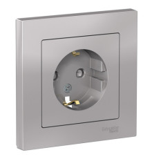 Розетка с рамкой Systeme Electric ATLASDESIGN, скрытый монтаж, с заземлением, со шторками, винтовые клеммы, алюминий