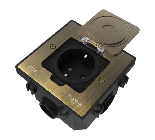 Systeme Elecrtic MultiDesk Античная латунь Лючок с розеткой 2К+З, 16А/250В, IP44 с монтажной коробкой для бетонных полов, тип MDK21