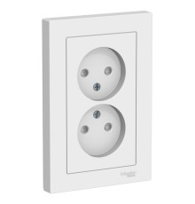 Розетка двухместная с рамкой Systeme Electric ATLASDESIGN, скрытый монтаж, без заземления, со шторками, винтовые клеммы, белый