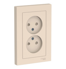 Розетка двухместная с рамкой Systeme Electric ATLASDESIGN, скрытый монтаж, без заземления, со шторками, винтовые клеммы, бежевый