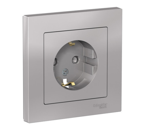 Розетка с рамкой Systeme Electric ATLASDESIGN, скрытый монтаж, с заземлением, со шторками, винтовые клеммы, алюминий