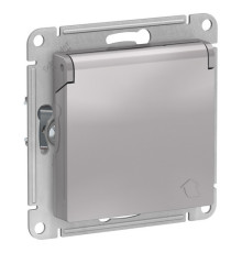 Розетка Systeme Electric ATLASDESIGN, скрытый монтаж, с заземлением, с крышкой, со шторками, винтовые клеммы, алюминий