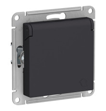 Розетка Systeme Electric ATLASDESIGN, скрытый монтаж, с заземлением, с крышкой, со шторками, карбон