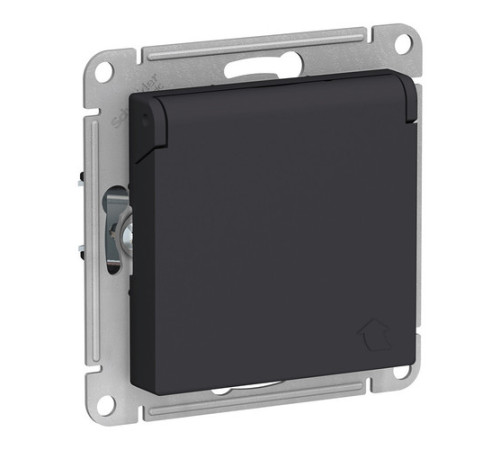 Розетка Systeme Electric ATLASDESIGN, скрытый монтаж, с заземлением, с крышкой, со шторками, карбон