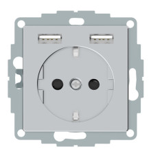 Розетка с USB Merten, скрытый монтаж, с заземлением, алюминий, MTN2366-0460