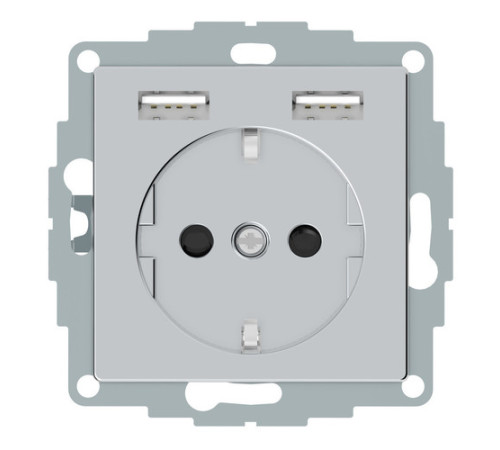 Розетка с USB Merten, скрытый монтаж, с заземлением, алюминий, MTN2366-0460