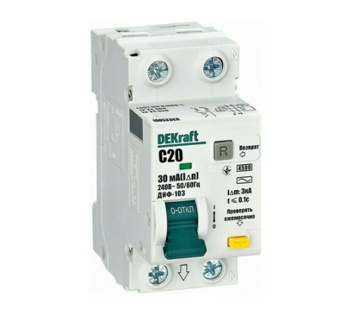 Дифавтомат DEKraft ДИФ-103 1P+N 20А (C) 4.5 кА, 30 мА ( AC ), 16053DEK