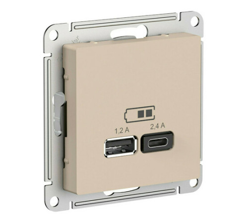 Розетка USB+USB type C Systeme Electric ATLASDESIGN, скрытый монтаж, песочный, ATN001239