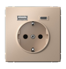 Розетка с USB+USB type C Systeme Electric ARTGALLERY, скрытый монтаж, с заземлением, со шторками, песочный, GAL001232