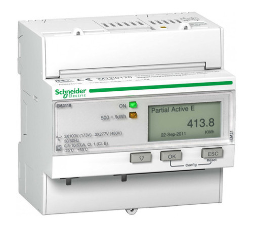 Счетчик электроэнергии однотарифный Schneider Electric Acti9 трехфазный 63(63)А, ЖКИ, кл.т. 1, A9MEM3110R