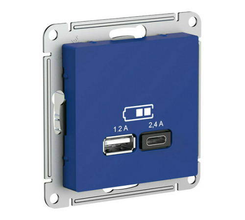 Розетка USB+USB type C Systeme Electric ATLASDESIGN, скрытый монтаж, аквамарин, ATN001139