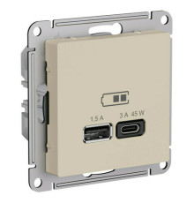 Розетка USB+USB type C Systeme Electric ATLASDESIGN, скрытый монтаж, песочный, ATN001229
