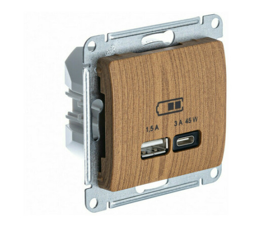 Розетка USB+USB type C Systeme Electric GLOSSA, скрытый монтаж, дуб, GSL000529