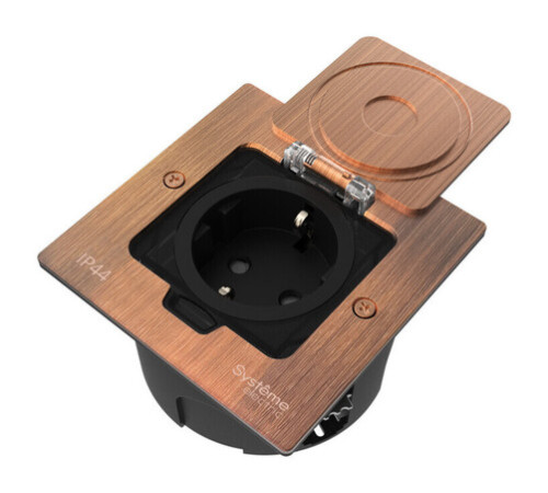 Systeme Elecrtic MultiDesk Медь Лючок с розеткой 2К+З, 16А/250В, IP44 с монтажной коробкой для стены, фальшпола, стола , тип MDK21