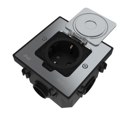 Systeme Elecrtic MultiDesk Серебро Лючок с розеткой 2К+З, 16А/250В, IP44 с монтажной коробкой для бетонных полов, тип MDK21