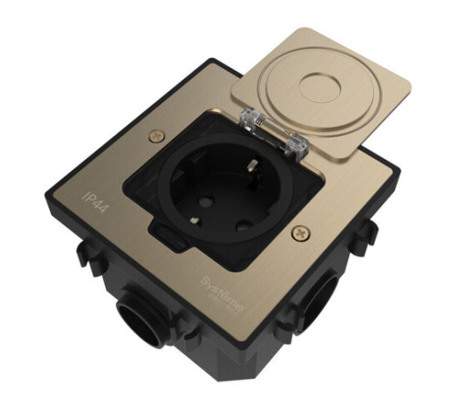 Systeme Elecrtic MultiDesk Никель Лючок с розеткой 2К+З, 16А/250В, IP44 с монтажной коробкой для бетонных полов, тип MDK21